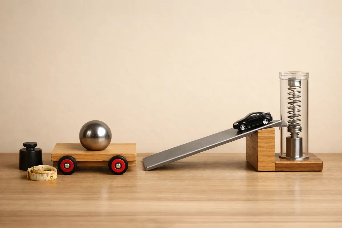 Illustration of a wheeled cart, metal ball, ramp, and spring apparatus.